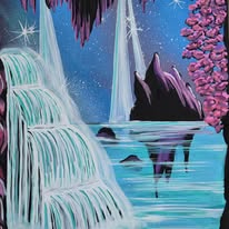 Toile : cascade turquoise sous un ciel étoilé